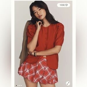 Maeve Puff-Sleeve Button-Front Top, Size L